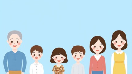 Diverse family group illustration with multiple generations and smiling characters