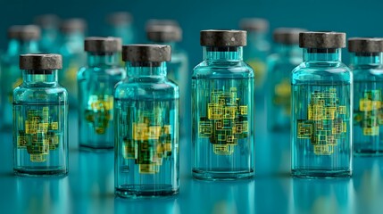 with transparent medicine vials and floating AI data symbols