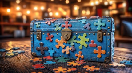 Puzzle Chest Mystery on Wooden Table in Bar Setting