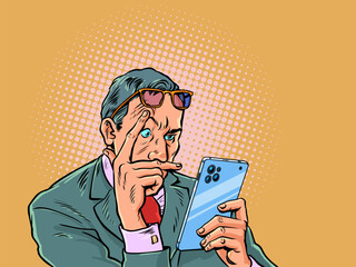 Pop Art Retro A man in a suit reads his phone in surprise. Sudden variables affecting business. An analyst tries to build a plan.