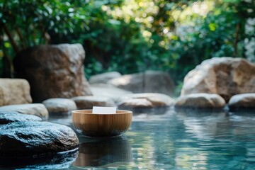 Tranquil hot spring with wooden bowl.  A serene outdoor hot spring with smooth stones and lush foliage. A simple wooden bowl sits gently in the warm water