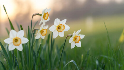 Obraz premium Blooming Narcissus Flowers in a Meadow Sunlight
