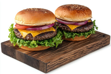hamburgers on a wooden board with melted cheese, crisp lettuce, and juicy patties surrounded by golden fries and a side of ketchup.