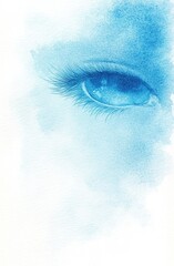 Detailed watercolor painting of a blue eye with long lashes on textured paper