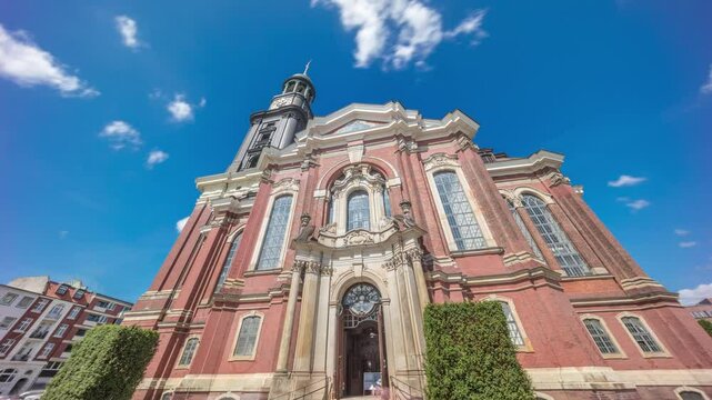 St. Michael's Church timelapse hyperlapse, Hamburg, Germany. Hauptkirche Sankt Michaelis, or Michel is the most famous Lutheran church in the city, featuring a baroque tower and iconic clock