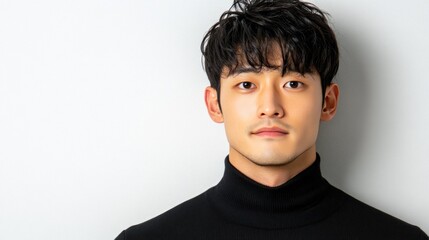 Fototapeta premium Close up portrait of a stylish young man in black turtleneck against white background