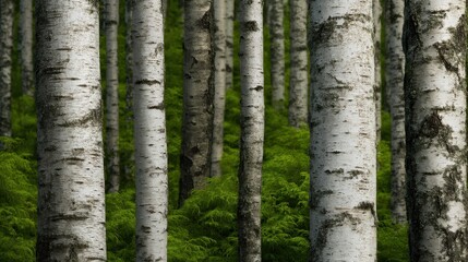 Obraz premium Serene forest scene with tall birch trees surrounded by lush green ferns and foliage