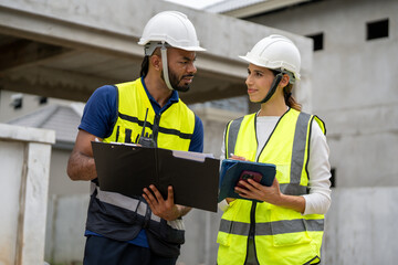 man civil engineer and woman architect wearing blue safety helmet meeting at contruction site. Working outdoors in all weathers, tough work in construction industry.
