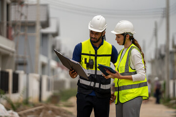Obraz premium man civil engineer and woman architect wearing blue safety helmet meeting at contruction site. Working outdoors in all weathers, tough work in construction industry.