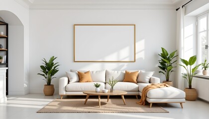 Modern Minimalist Living Room Interior  with White Sofa and Large Gold Frame