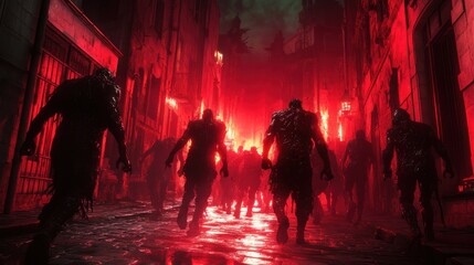 glowing futuristic alley with 7 warriors hacking through zombie swarm with plasma katanas