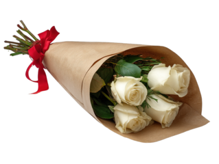 Creamy white roses wrapped in rustic kraft paper with vibrant greenery, tied elegantly with a red ribbon, offering understated sophistication and grace, isolated transparent background