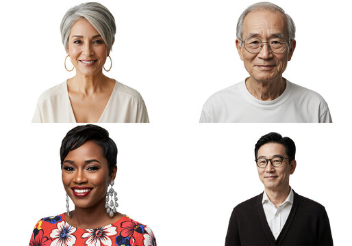 A Group of Four Diverse Adults: A Senior Asian Man, an Older Asian Woman, a Middle-Aged Black Woman, and a Middle-Aged Asian Man Featuring Various Styles and Expressions