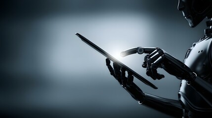 hand interacting with a digital tablet in a glowing cyber environment