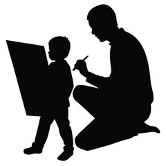 Father and Son Making Art Together in Silhouette