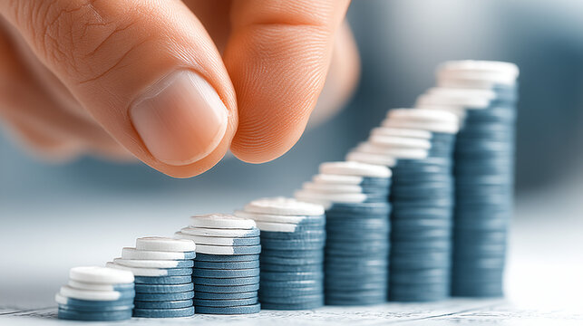 Close-Up of a Hand Placing Coins on a Stack Symbolizing Financial Growth and Investment Progress in a Soft Focus Background