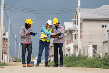 Fototapeta premium Structural engineer and worker working with blueprints discuss at the construction site. Engineers on building site. Two worker or labor and one engineer are reviewing the project. Architecture.