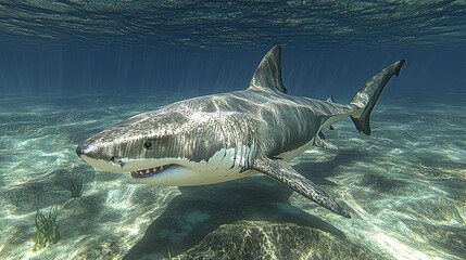 Fototapeta premium Great white shark in underwater scene (2)