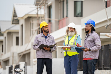 Structural engineer and worker working with blueprints discuss at the construction site. Engineers on building site. Two worker or labor and one engineer are reviewing the project. Architecture.