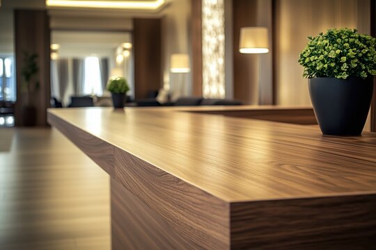 Polished wooden reception desk with a decorative plant creates a welcoming atmosphere in a modern hotel lobby, representing excellent service and hospitality