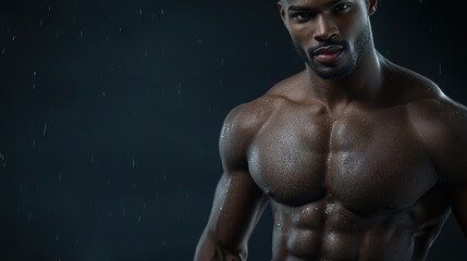 Obraz premium A man with a muscular chest and arms is standing in the rain