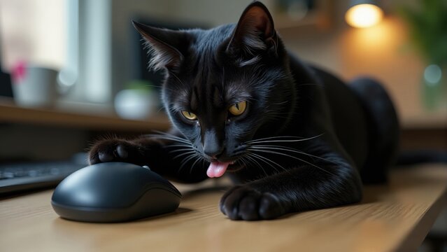 Black Cat Plays With Computer Mouse