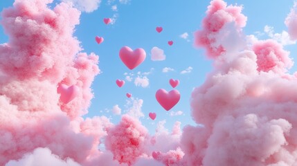 Pink hearts floating in a dreamy cloudscape