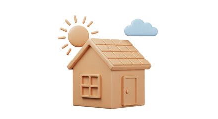 Isolated Peach House with Sun and Cloud Cartoon Style