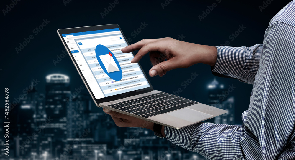 Poster email notification message showing on computer screen snugly. digital marketing message information 