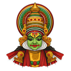  Kathakali mask,  Traditional Indian Kathakali performer with expressive emotions and colorful attire on white background