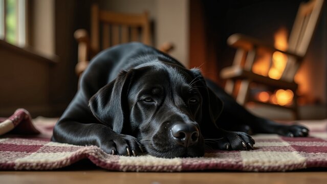Black Labrador Resting By Fireplace At Home