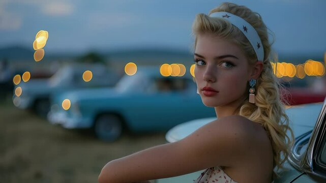 Retro vibes: young people, rockabilly culture, pinup style, Hollywood glamour, neon lights, jukebox tunes, diner setting, 50s fashion, vintage elegance, stylish moments, timeless love, classic appeal.