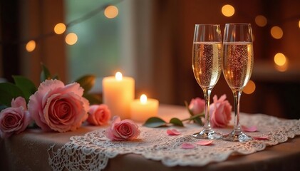 Naklejka premium Vintage lace, candles, champagne glasses, romantic setting, lace details, vintage, elegant