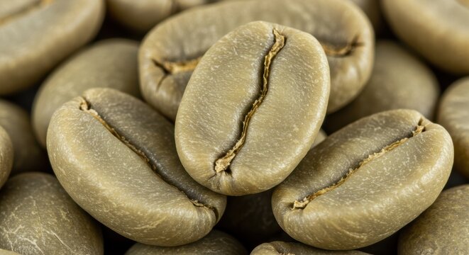 Photorealistic extreme close-up shot focusing on a small cluster of unroasted, green coffee beans, for articles on coffee farming/processing, websites of green coffee bean suppliers