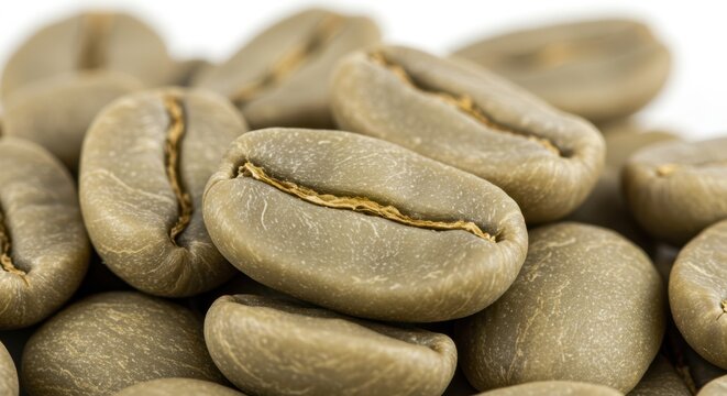 Photorealistic extreme close-up shot focusing on a small cluster of unroasted, green coffee beans, for articles on coffee farming/processing, websites of green coffee bean suppliers