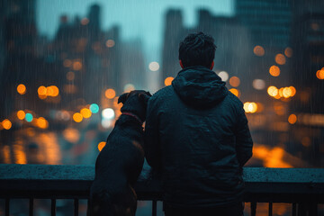Obraz premium Man and dog on bridge admiring city lights below.