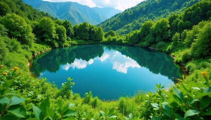 Circular lake surrounded by lush green vegetation, environment, design, breathtaking