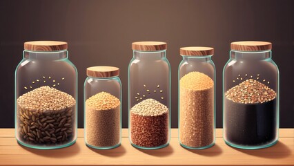 Glass Jars with Grains on Shelf