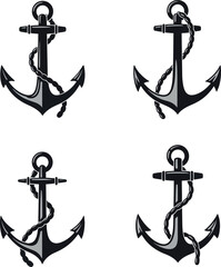 Marine anchors with rope nautical symbols vector design set black silhouette 