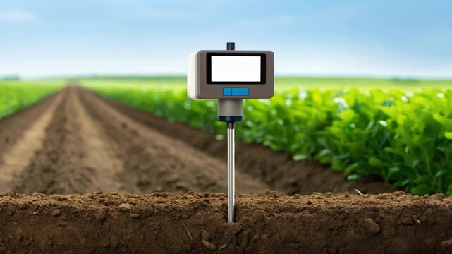 A soil moisture sensor is positioned in a field, surrounded by rows of green crops under a clear blue sky.