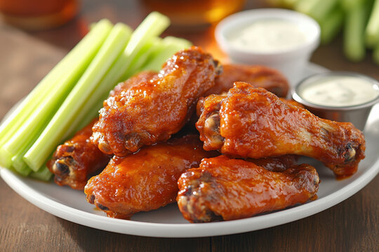 Plate of chicken wings with celer and celer: crispy wings coated in savory sauce, garnished with fresh celery sticks, ready to be enjoyed.