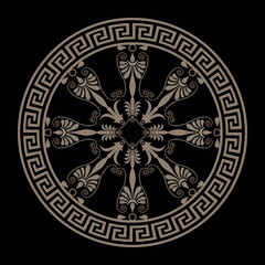 Greek golden vector round ornament. Greek key meanders. Circle of Ancient Greece,  Roman Empire. Greek fret, key. Circle, Arabesque, Byzantine pattern. Decoration of European palaces, ceramic, textile