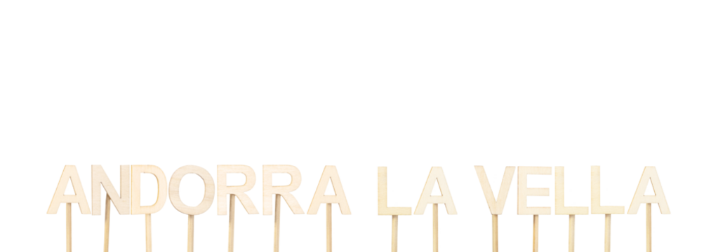 Name of Andorra la Vella, capital of Andorra, in natural wood letters on white background, modern typographic style