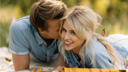 Couple enjoying summer love while relaxing on a blanket in nature with butterflies around them