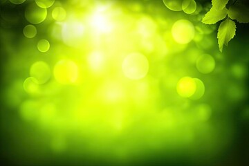 Fototapeta premium Vibrant green forest scene with sunbeams and bokeh. Lush leaves frame the image, creating a bright, nature-inspired background