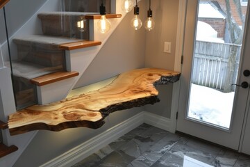 Stylish wooden table under stairs with modern lighting.