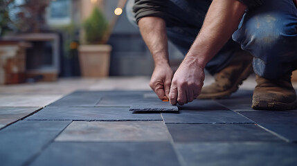 Man Installing Slate Tiles on Outdoor Patio