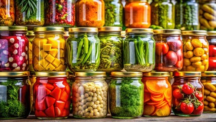 Panoramic Colorful Preserved Vegetables & Herbs Jars Gold Lids | Stock Photo