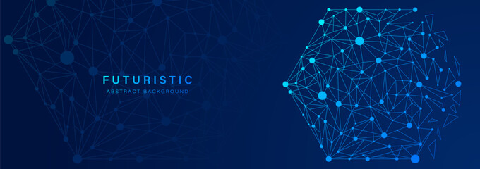 Abstract blue futuristic background. Geometric lines and dots. Modern hexagon elements. Connection line pattern. Digital technology concept. Science style. Vector illustration