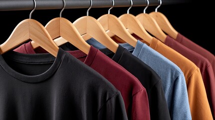 Plain t-shirts in black, red, orange, and blue are arranged neatly on wooden hangers, providing a stylish backdrop for branding or text